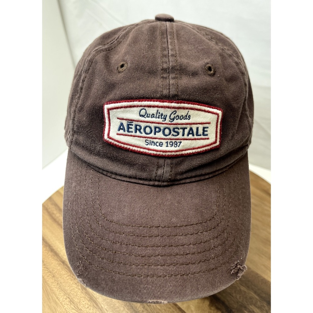 Aeropostale Hat Cap Adjustable Strapback Patch Brown Distressed